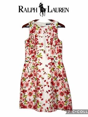 Lauren Ralph Lauren cherry blossom floral sleeveless sheath dress pink red sz 6